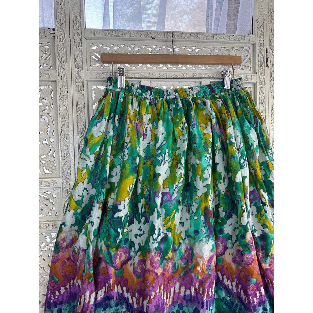 Vtg Colorful Artsy Rainbow Watercolor Flowy‎ Lined Midi Skirt Sz Medium - Picture 3 of 6